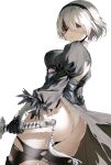  1girl 2b_(nier:automata) absurdres android ass back_cutout black_blindfold black_gloves black_hairband blindfold boots clothing_cutout covered_eyes drakhend66 dress feather-trimmed_sleeves feather_trim from_behind gloves hairband highres holding holding_sword holding_weapon juliet_sleeves leotard long_sleeves looking_at_viewer looking_back mole mole_under_mouth nier:automata nier_(series) puffy_sleeves short_hair sidelighting solo standing sword thighhighs thighhighs_under_boots thighs thong_leotard torn_clothes torn_dress torn_thighhighs virtuous_contract weapon white_background white_hair white_leotard 
