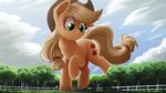  2017 applejack_(mlp) cloud cutie_mark duo earth_pony equine female fence feral freckles friendship_is_magic fur green_eyes hair hat hi_res hooves horse long_hair macro mammal mayor_mare_(mlp) my_little_pony ncmares outside pony smile tree 