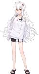  1girl artist_request bare_legs black_shorts bra chiyo_(chrono_ark) chrono_ark flip-flops hair_ornament hand_on_own_hip highres long_hair long_sleeves looking_at_viewer no_socks non-web_source official_art red_eyes sandals shirt shorts single_bare_shoulder smirk t-shirt transparent_background underwear white_hair 