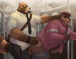 2024 absurd_res anthro balls bear belly brown_body canid canine clothing detailed_background duo genitals hat headgear headwear hi_res inside inside_train male male/male mammal musclegut muscular necktie overweight overweight_male penis raccoon_dog sex shirt tanuki topwear train_conductor yuzumitsuu