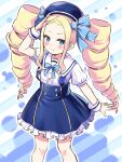  1girl bare_arms beatrice_(re:zero) blonde_hair blue_background blue_dress blue_eyes blue_ribbon blush closed_mouth dress drill_hair feet_out_of_frame frilled_dress frills hair_ribbon long_hair looking_at_viewer multicolored_background re:zero_kara_hajimeru_isekai_seikatsu ribbon s_(hdru2332) salute sidelocks smile solo standing striped_background symbol-shaped_pupils twin_drills white_background wrist_cuffs 