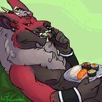  anthro food fur hair horn male melthecannibal nipples nude open_mouth sergal smile solo sushi 