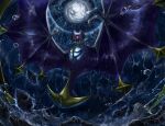  absurdres bat_(animal) claws ekaki_panda floating_rock full_moon glowing glowing_eyes highres lunala moon no_humans pokemon pokemon_(creature) red_eyes storm water_drop wings 