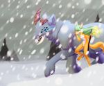  2017 beast_(disambiguation) canine elvche feral fur green_eyes green_hair hair horn long_hair lying male mammal snow winter 