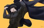 1boy arms_up bani-lizo black_bodysuit black_hair black_robe bodysuit bowl_cut closed_mouth cowboy_shot highres holding holding_clothes male_focus mash_burnedead mashle muscular muscular_male profile robe short_hair simple_background solo standing yellow_background yellow_eyes 