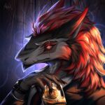 alcohol anthro azhax beverage clock clothing fur glowing glowing_eyes grey_body grey_fur hair hi_res liquor male red_eyes red_hair sergal smoke suit tequila