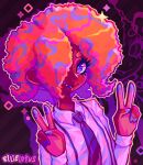  1girl artist_name black_necktie collared_shirt dark-skinned_female dark_skin double_v ellie_lotus hair_over_one_eye hands_up highres long_sleeves looking_at_viewer medium_hair multicolored_hair necktie open_mouth orange_hair outline purple_eyes shirt smile solo sparkle splatoon_(series) splatoon_3 tao_blu_(splatoon) upper_body v white_shirt yellow_outline 