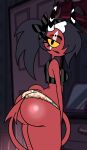 accessory big_butt breasts butt cafe-grimful clothing demon female girly hair headband helluva_boss hi_res horn huge_butt humanoid imp panties ponytail red_body sallie_may_(helluva_boss) scar smile solo tail thick_thighs underwear yellow_eyes