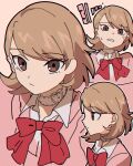 1girl absurdres bow bowtie brown_eyes cardigan choker collared_shirt expressionless highres light_brown_hair looking_at_viewer multiple_views nzeneee persona persona_3 pink_cardigan profile red_bow red_bowtie shirt sketch sweatdrop takeba_yukari 