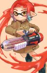  1boy ballpoint_splatling_(splatoon) black_footwear blue_hair brown_jacket buttons closed_mouth commentary_request cross-laced_footwear full_body gradient_hair gun highres holding holding_gun holding_weapon inkling inkling_boy inkling_player_character jacket looking_at_viewer male_focus medium_hair multicolored_hair nastar_r0 orange_eyes paint pink_hair pointy_ears red_hair shoes simple_background smile solo splatoon_(series) splatoon_3 tentacle_hair weapon 