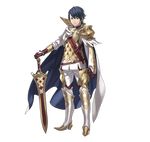  alfonse_(fire_emblem) armor blue_eyes blue_hair boots cape fire_emblem fire_emblem_heroes full_body gloves hair_ornament highres kozaki_yuusuke male_focus multicolored_hair official_art solo sword transparent_background two-tone_hair weapon 