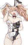  1girl ;d animal_ears bare_shoulders black_leotard blonde_hair blue_eyes blush bow bowtie collarbone cowboy_shot danganronpa:_trigger_happy_havoc danganronpa_(series) detached_collar enoshima_junko fishnet_pantyhose fishnets grey_leotard heart highres leotard momosun_(momoa136gg) monokuma official_alternate_costume one_eye_closed pantyhose rabbit_ears red_bow red_bowtie simple_background smile solo twintails white_background 