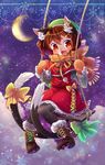  animal_ears boots brown_hair capelet cat_ears chen commentary_request dress earrings fang hair_ornament hairclip hat highres ibaraki_natou jewelry moon pantyhose petticoat red_dress red_eyes ribbed_sweater ribbon scarf short_dress solo sweater swing tail tail_ribbon touhou winter_clothes 