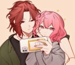  1boy 1girl absurdres araki_(utaite) black_shirt cellphone closed_mouth green_hoodie green_jacket highres holding holding_phone hood hoodie indie_utaite jacket jewelry long_sleeves necklace nqrse nyannyan_321 phone pink_eyes pink_hair red_eyes red_hair selfie shirt short_hair smartphone 