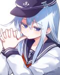  1girl anchor_symbol black_headwear black_sailor_collar blue_eyes flat_cap folded_ponytail grey_hair hat hibiki_(kancolle) highres kantai_collection katsuobushi_(eba_games) long_hair neckerchief own_hands_clasped own_hands_together red_neckerchief sailor_collar school_uniform serafuku simple_background solo upper_body white_background 