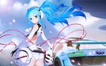 ass audi audi_r8 bad_id bad_pixiv_id blue_eyes blue_hair blurry breasts car cloud cowboy_shot day depth_of_field elbow_gloves from_behind gloves goodsmile_company goodsmile_racing ground_vehicle hatsune_miku headset highres lens_flare long_hair looking_at_viewer looking_back machinery medium_breasts motor_vehicle multicolored multicolored_clothes multicolored_gloves petals race_queen racecar racing_miku racing_miku_(2014) samui_amekemuri sky solo twintails vocaloid wire 