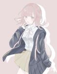  1girl :d black_jacket brown_hair brown_skirt collared_shirt danganronpa_(series) danganronpa_2:_goodbye_despair flipped_hair hand_up highres hood hood_down jacket medium_hair miniskirt nanami_chiaki neck_ribbon no_hair_ornament open_clothes open_jacket pink_background pink_ribbon pleated_skirt ribbon shirt shirt_tucked_in skirt smile solo suki_tani white_shirt 