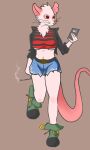 anthro bottomwear clothing crop_top drugs ear_piercing ear_ring electronics female full-length_portrait hi_res hxcfoxy jacket mammal marijuana murid murine oma(hxcfoxy) phone piercing portrait rat ring_piercing rodent shirt shorts smoking smoking_marijuana solo topwear