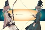  2girls arrow_(projectile) black_headwear black_skirt bow_(weapon) closed_mouth commentary dexiaobu dress english_commentary from_side green_dress green_hair grey_hair hat highres holding holding_bow_(weapon) holding_weapon japanese_clothes kariginu mononobe_no_futo multiple_girls ponytail short_hair skirt soga_no_tojiko tate_eboshi touhou weapon 