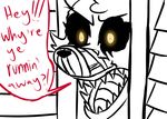 2016 animatronic anthro canine closet dialogue english_text exposed_endoskeleton five_nights_at_freddy&#039;s five_nights_at_freddy&#039;s_4 fox glowing glowing_eyes inkyfrog machine male mammal nightmare_foxy_(fnaf) open_mouth restricted_palette robot sharp_teeth solo teeth text video_games yellow_eyes 
