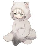  1boy animal_costume animal_ears animal_hood blonde_hair blue_eyes blush closed_mouth fake_animal_ears final_fantasy final_fantasy_xiv full_body gg_dal highres hood hood_up lalafell looking_at_viewer male_focus simple_background sitting solo white_background 
