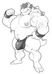  2016 3_toes 4_fingers anthro biceps bowser bulge clothing digital_media_(artwork) flexing greyscale hair hi_res horn koopa looking_at_viewer male mammal mario_bros monochrome mostly_nude muscular muscular_male nintendo nipple_piercing nipples pecs piercing scalie simple_background solo spike_(disambiguation) spikes standing toes toomanyboners vein video_games white_background wrist_cuff 