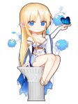 bare_legs blonde_hair blue_butterfly blue_eyes breasts bug butterfly butterfly_on_hand chibi cleavage closed_mouth column commission gg_dal long_hair looking_at_viewer original pillar pointy_ears simple_background smile white_background 