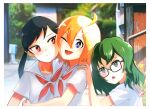  3girls ;d absurdres ahoge black_eyes black_hair blurry blurry_background blush border closed_mouth commentary_request film_grain glasses green_hair hair_between_eyes hair_ornament hairclip highres hug inami_hatoko long_hair multiple_girls neckerchief one_eye_closed open_mouth orange_hair original outdoors red_eyes red_neckerchief sailor_collar school_uniform serafuku shirt short_hair short_sleeves smile twintails upper_body white_border white_sailor_collar white_shirt 