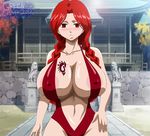  1girl areola areola_slip areolae bikini blush braid breasts cleavage curvy erect_nipples fairy_tail flare_corona greengiant2012 huge_breasts long_hair looking_at_viewer navel red_eyes red_hair sling_bikini solo standing swimsuit wide_hips 