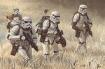  4boys backpack bag edouard_groult energy_gun english_commentary galactic_empire grass gun holding holding_gun holding_weapon male_focus multiple_boys satellite_dish star_wars stormtrooper tall_grass walking weapon 