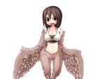  1girl bandeau bird_legs blush bmp-to-png_conversion breasts brown_bandeau brown_eyes brown_feathers brown_hair brown_wings crop_top feathered_wings feathers frfr harpy long_hair looking_at_viewer medium_breasts midriff mon-musu_quest! monster_girl navel non-web_source open_mouth pina_(mon-musu_quest!) shirt solo teeth transparent_background upper_teeth_only white_shirt winged_arms wings 