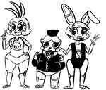  2016 animatronic anthro avian bear bib bird black_and_white bow_tie buckteeth chicken english_text female five_nights_at_freddy&#039;s five_nights_at_freddy&#039;s_2 group hand_on_hip hat inkyfrog lagomorph looking_at_viewer machine male mammal monochrome open_mouth open_smile rabbit robot simple_background smile standing teeth text top_hat toy_bonnie_(fnaf) toy_chica_(fnaf) toy_freddy_(fnaf) video_games waving white_background 