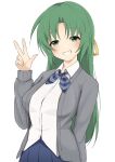  1girl :d arm_at_side blue_ribbon blush cardigan collared_shirt commentary_request cowboy_shot green_eyes green_hair grey_cardigan grin hair_between_eyes hair_ribbon hand_up highres higurashi_no_naku_koro_ni long_hair looking_at_viewer neck_ribbon open_cardigan open_clothes poyadevil ribbon shirt simple_background sleeves_past_wrists smile solo sonozaki_shion straight_hair very_long_hair w white_background white_shirt yellow_ribbon 