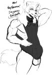 2023 anthro arknights balls bottomless canid canine canis clothed clothing dialogue domestic_dog english_text genitals hair hi_res hung_(arknights) hypergryph long_hair looking_at_viewer male mammal monochrome muscular muscular_anthro muscular_male sketch solo studio_montagne tail text topwear topwear_only yummi_yam_i