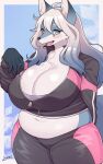 10:16 2023 5:8 5_fingers absurd_res anthro arumo big_breasts blue_body blue_eyes blush breasts canid clothing eyebrows female fingers hair hi_res mammal midriff navel open_mouth overweight overweight_anthro overweight_female simple_background smile solo white_body white_eyebrows white_hair zipper
