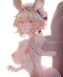  1boy 1girl arknights bare_shoulders blonde_hair breasts cleavage completely_nude dorothy_(arknights) elsi hat hetero highres holding_another&#039;s_arm nipples nude orange_eyes simple_background white_background 