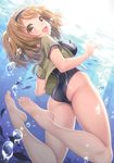  :d absurdres air_bubble animal ass bare_legs barefoot blue_swimsuit blush breasts brown_eyes brown_hair bubble covered_nipples cropped_jacket eyelashes feet fish from_behind from_below hairband highres i-26_(kantai_collection) jacket kantai_collection kase_daiki legs_up light_rays looking_at_viewer looking_down medium_breasts new_school_swimsuit one-piece_swimsuit open_clothes open_jacket open_mouth outdoors plantar_flexion scan school_swimsuit short_hair short_sleeves silhouette smile solo submerged sunlight swimsuit tareme toenails toes two-tone_hairband underwater 