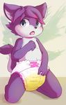  anthro blue_eyes blush canine cub diaper fur hair kneeling looking_at_viewer male mammal open_mouth purple_fur purple_hair ruugiaruu solo tongue urine wet_diaper wolf young 