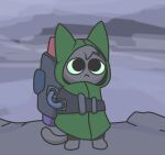 ambiguous_gender backpack cloak clothed clothing cloudy domestic_cat felid feline felis gooblie_2 green_cloak green_clothing green_sclera grey_background grey_body hi_res isaac_(gooblie_ii) male mammal mechanical_doohickey simple_background solo tail
