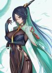  1girl black_hair blue_dress breasts brown_dress china_dress chinese_clothes cloud_retainer_(genshin_impact) colored_inner_hair dress earrings eyeliner genshin_impact glasses gold_trim green_eyes green_hair green_lips hair_ornament hairpin high_ponytail highres jewelry large_breasts long_hair looking_at_viewer makeup massive_kagawa multicolored_clothes multicolored_dress multicolored_hair red-framed_eyewear smile solo swept_bangs tassel tassel_earrings thighs two-tone_hair xianyun_(genshin_impact) 