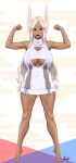  1girl :d absurdres animal_ears arms_up bare_arms bare_legs bare_shoulders barefoot boku_no_hero_academia breasts cleavage cleavage_cutout clenched_hands clothing_cutout criss-cross_strings dark-skinned_female dark_skin dress feet flexing full_body highres large_breasts legs long_eyelashes long_hair looking_at_viewer meme_attire mirko open_mouth parted_bangs rabbit_ears rabbit_girl raised_eyebrow red_eyes ryu_seung sleeveless sleeveless_turtleneck smile solo straight-on sweater sweater_dress teeth thighs tiptoes toenails toned turtleneck turtleneck_sweater underboob_cutout uneven_eyes upper_teeth_only very_long_hair virgin_killer_sweater white_hair white_sweater 