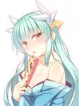  aqua_hair body_blush breasts cleavage eyebrows_visible_through_hair fan fate/grand_order fate_(series) hair_ornament holding horns japanese_clothes kimono kiyohime_(fate/grand_order) large_breasts long_hair looking_at_viewer off_shoulder open_mouth racer_(magnet) saliva saliva_trail shiny shiny_skin sidelocks solo tongue upper_body yellow_eyes 