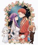  cigarette dress fern_(sousou_no_frieren) flower frieren highres holding holding_cigarette holding_hands looking_at_another military_uniform ojizou purple_eyes purple_hair red_hair scar sein_(sousou_no_frieren) sousou_no_frieren stark_(sousou_no_frieren) uniform white_background white_dress white_hair 