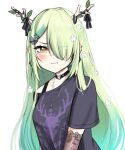 1girl absurdres antlers black_choker black_gloves black_shirt black_sleeves blush ceres_fauna ceres_fauna_(4th_costume) choker daemo72 detached_sleeves elbow_gloves flower gloves grey_hair hair_flower hair_ornament hair_over_one_eye heart heart_choker highres hololive hololive_english horns long_hair looking_at_viewer mole mole_under_eye official_alternate_costume see-through see-through_sleeves shirt solo very_long_hair virtual_youtuber yellow_eyes 