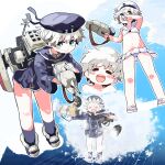  1girl =_= adapted_turret armored_boots bikini bikini_skirt blue_eyes blue_headwear blue_sailor_collar blue_shirt blue_socks blush_stickers boots closed_mouth drinking flat_chest floating_hair grey_hair gun hat highres holding holding_gun holding_turret holding_weapon kantai_collection leaning_forward long_sleeves meme mossgreen multiple_views no_pants open_mouth outstretched_arms rigging sailor_bikini sailor_collar sailor_hat shirt short_hair smile socks spread_arms swimsuit t-pose tupet turret v-shaped_eyebrows water waterskiing_(meme) weapon white_bikini white_sailor_collar z1_leberecht_maass_(kancolle) 