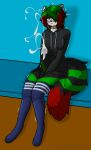 anthro blush blush_lines bodily_fluids breasts chromer.exe chromer_exe clothing collar cum domestic_cat ejaculation felid feline felis genital_fluids genitals green_eyes green_hair green_penis gynomorph hair hi_res intersex legwear mammal penis solo text thigh_highs