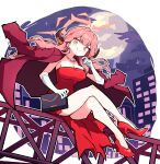  1girl absurdres aru_(blue_archive) aru_(dress)_(blue_archive) blue_archive breasts cleavage closed_mouth coat cocokana dress elbow_gloves gloves halo high_heels highres horns large_breasts long_hair looking_at_viewer moon night orange_eyes outdoors pink_hair pink_halo red_coat red_dress red_footwear sitting smile solo white_gloves 