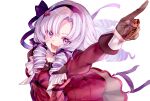  1girl blush breasts brown_gloves choker claw_ring dress drill_hair drill_sidelocks gloves grey_hair hair_ornament hair_ribbon highres hyakumantenbara_salome juliet_sleeves long_hair long_sleeves nijisanji open_mouth ototuki_ena pointing pointing_up puffy_sleeves purple_choker purple_eyes purple_ribbon red_dress ribbon sidelocks solo twitter_username virtual_youtuber 