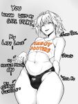  1boy arms_behind_back astolfo_(fate) bulge covered_penis cowboy_shot english_commentary english_text fate/grand_order fate_(series) femboy_hooters_(meme) from_below gradient_background grey_background hair_intakes highres jlacroixxx male_focus meme monochrome narrowed_eyes navel open_mouth otoko_no_ko panty_bulge pink_eyes solo spot_color standing thighs toned toned_male upper_body wide_hips 