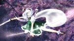  1girl black_bow black_bowtie blue_eyes bow bowtie holding holding_sword holding_weapon katana konpaku_youmu konpaku_youmu_(ghost) long_hair shee_take short_sleeves socks solo sword touhou weapon white_hair white_socks 